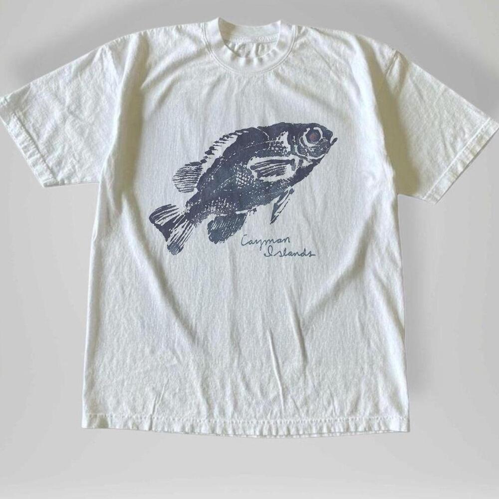 Gildan Men White T-Shirt, White & Blue Fish Graphic Tee With Canyon